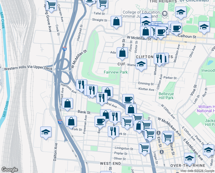 map of restaurants, bars, coffee shops, grocery stores, and more near 460 Conroy Street in Cincinnati