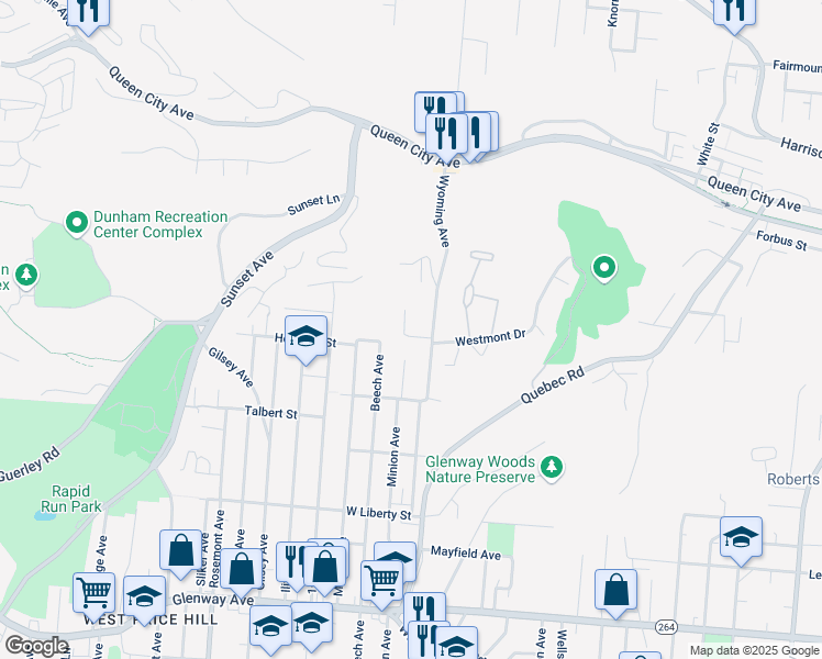 map of restaurants, bars, coffee shops, grocery stores, and more near 1913 Wyoming Avenue in Cincinnati