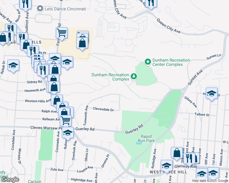 map of restaurants, bars, coffee shops, grocery stores, and more near 1787 Tuxworth Avenue in Cincinnati