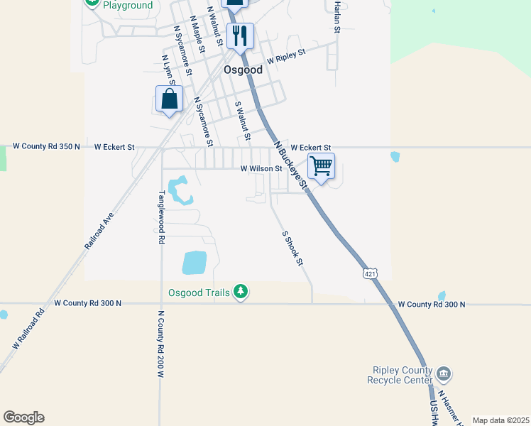 map of restaurants, bars, coffee shops, grocery stores, and more near 812 South Shook Street in Osgood