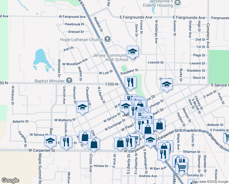 map of restaurants, bars, coffee shops, grocery stores, and more near 203 West Hickory Street in Jerseyville