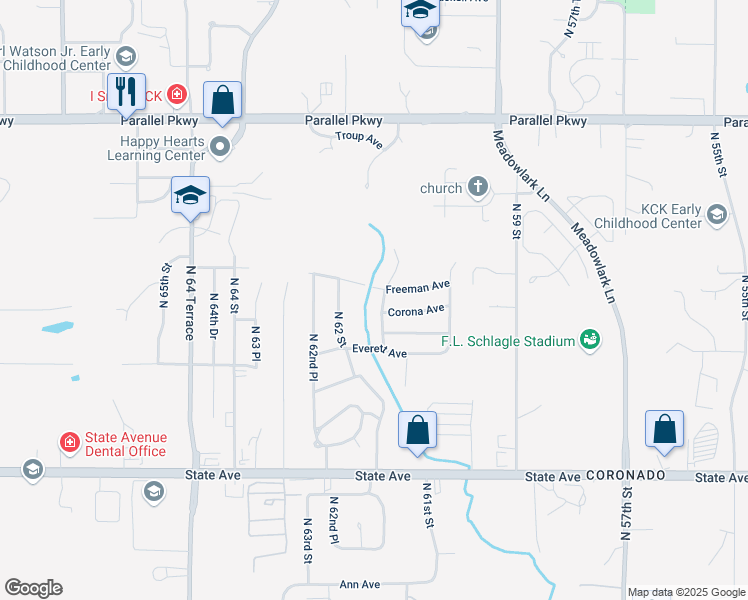 map of restaurants, bars, coffee shops, grocery stores, and more near 1600 North 61st Terrace in Kansas City