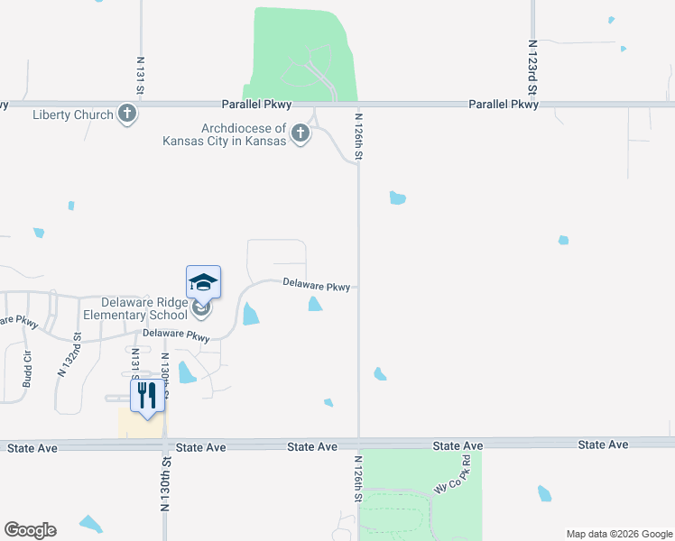 map of restaurants, bars, coffee shops, grocery stores, and more near 1700 North 126th Street in Kansas City