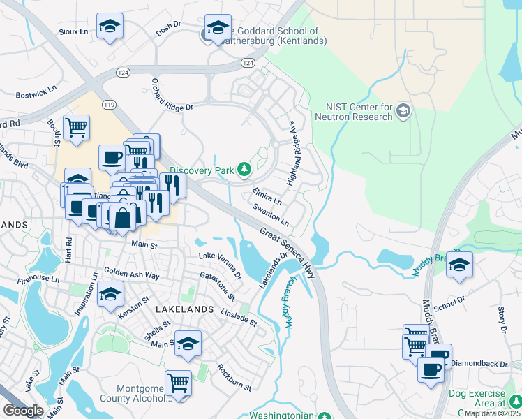 map of restaurants, bars, coffee shops, grocery stores, and more near 142 Swanton Lane in Gaithersburg
