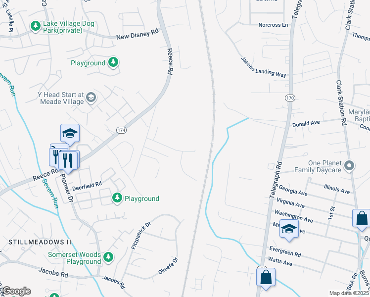 map of restaurants, bars, coffee shops, grocery stores, and more near 8214 Heraldry Drive in Severn