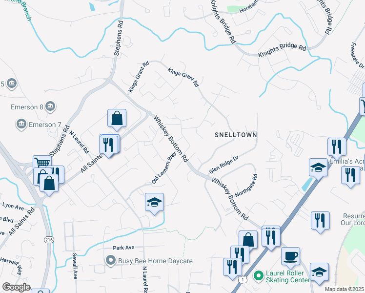 map of restaurants, bars, coffee shops, grocery stores, and more near 9018 Melody Drive in Laurel