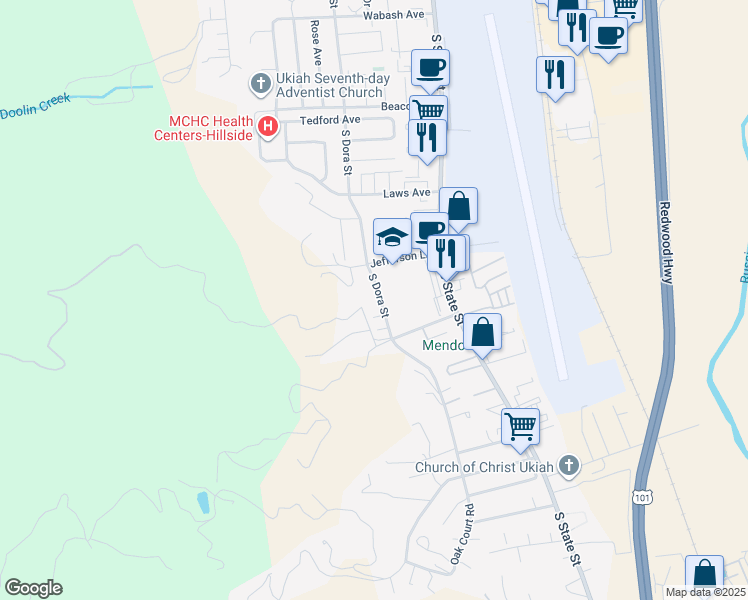 map of restaurants, bars, coffee shops, grocery stores, and more near 251 Jefferson Lane in Ukiah