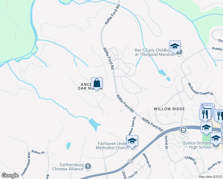 map of restaurants, bars, coffee shops, grocery stores, and more near 16400 Montecrest Lane in Gaithersburg
