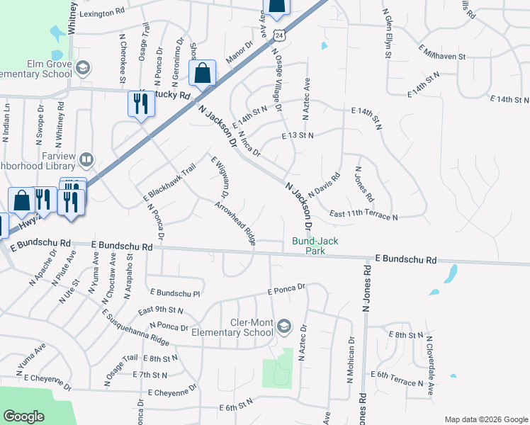map of restaurants, bars, coffee shops, grocery stores, and more near 18933 East Tepee Court in Independence