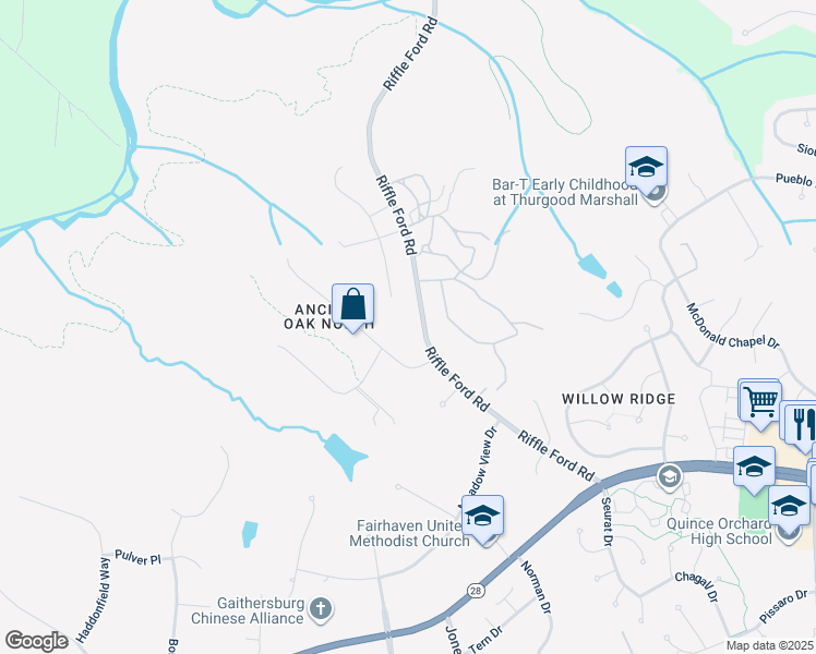 map of restaurants, bars, coffee shops, grocery stores, and more near 16400 Montecrest Lane in Gaithersburg