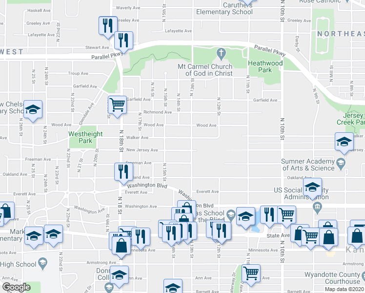 map of restaurants, bars, coffee shops, grocery stores, and more near 1314 New Jersey Avenue in Kansas City