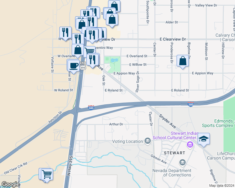 map of restaurants, bars, coffee shops, grocery stores, and more near 285 East Roland Street in Carson City
