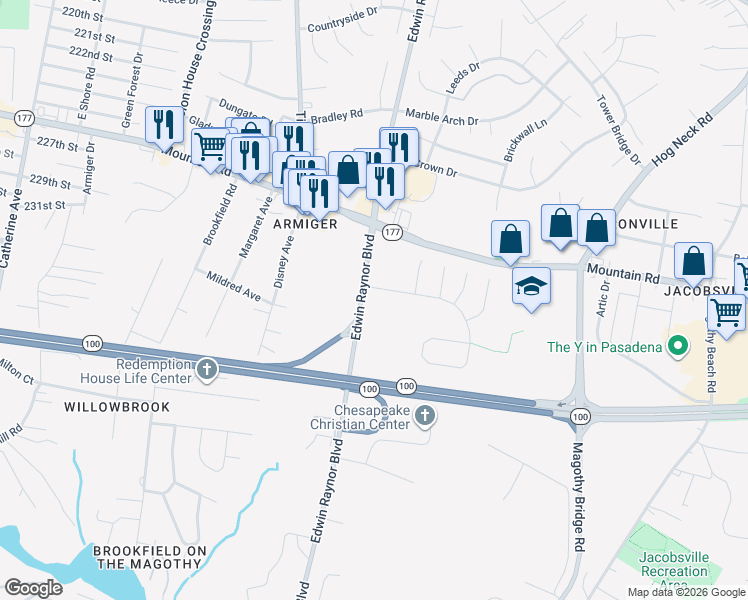 map of restaurants, bars, coffee shops, grocery stores, and more near 601 Deering Road in Pasadena