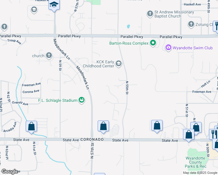 map of restaurants, bars, coffee shops, grocery stores, and more near 5554 Freeman Avenue in Kansas City