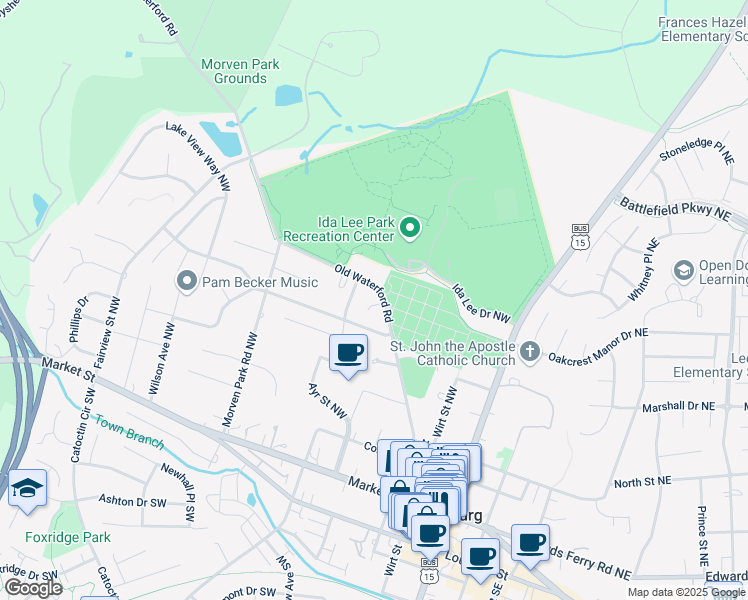 map of restaurants, bars, coffee shops, grocery stores, and more near 304 Patterson Court Northwest in Leesburg
