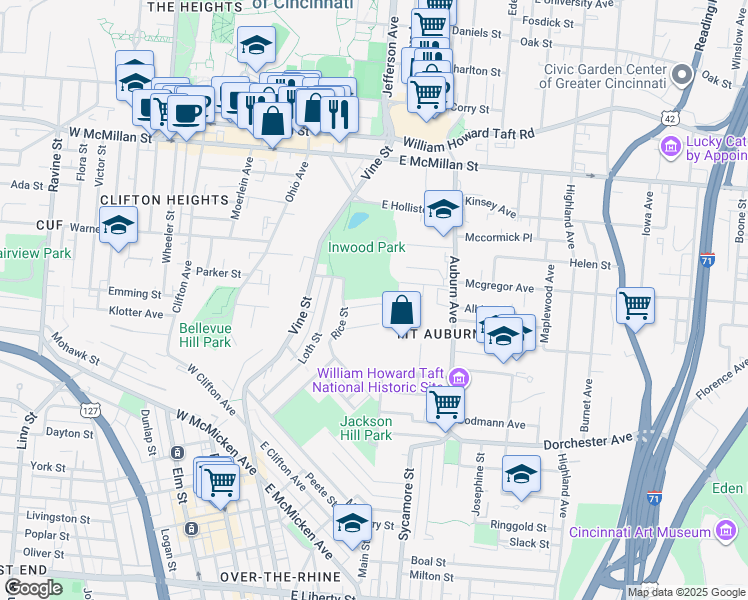 map of restaurants, bars, coffee shops, grocery stores, and more near 134 Valencia Street in Cincinnati
