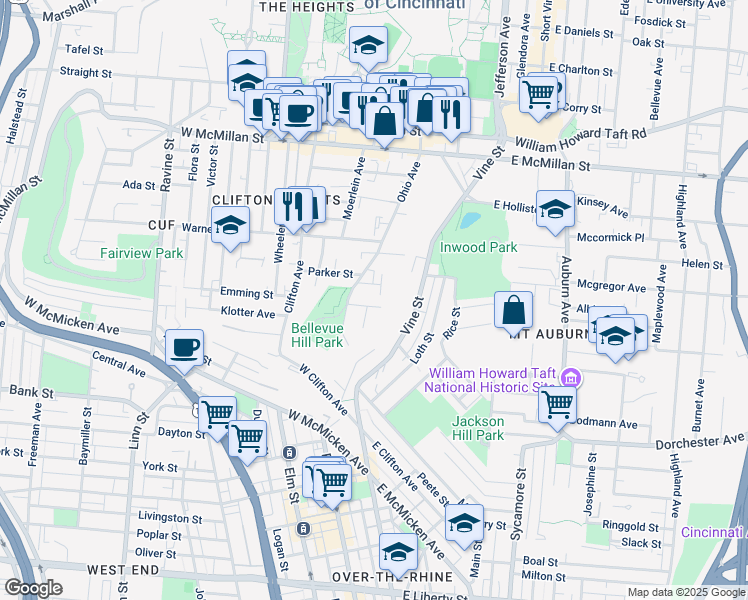 map of restaurants, bars, coffee shops, grocery stores, and more near 2218 Eureka Terrace in Cincinnati