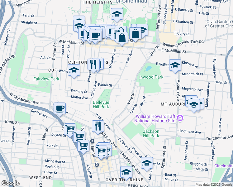 map of restaurants, bars, coffee shops, grocery stores, and more near 2210 Ohio Avenue in Cincinnati
