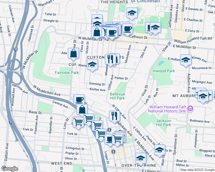 map of restaurants, bars, coffee shops, grocery stores, and more near in Cincinnati