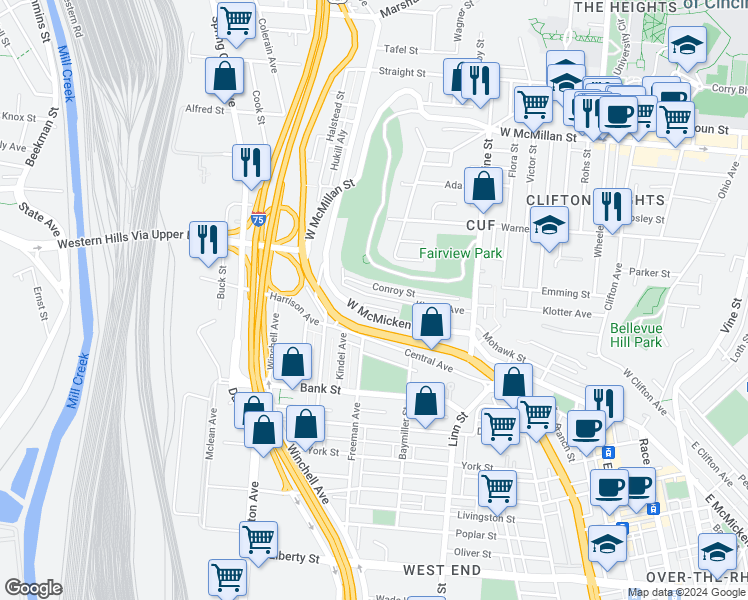 map of restaurants, bars, coffee shops, grocery stores, and more near 604 Klotter Avenue in Cincinnati