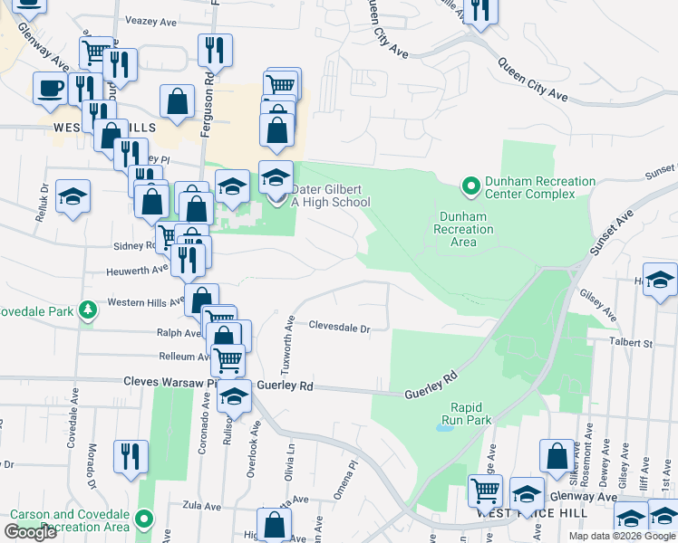 map of restaurants, bars, coffee shops, grocery stores, and more near 1810 Ashbrook Drive in Cincinnati