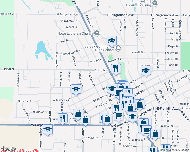 map of restaurants, bars, coffee shops, grocery stores, and more near 611 North Liberty Street in Jerseyville