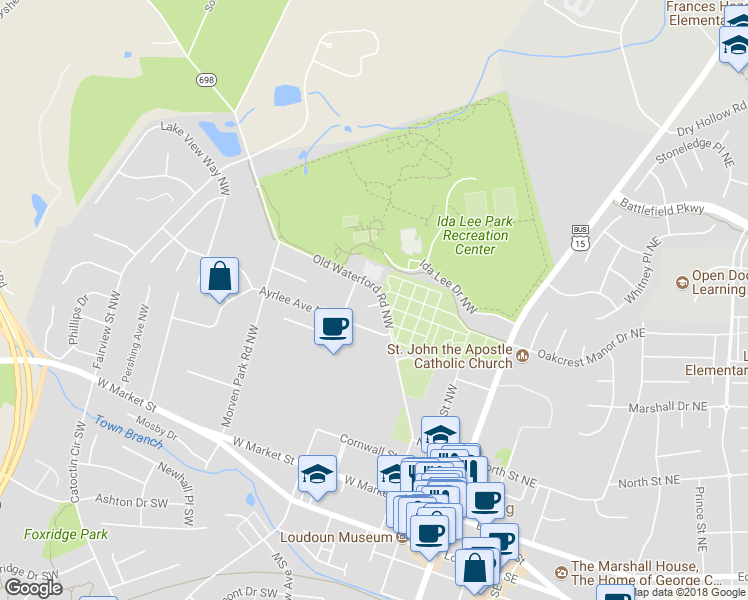 map of restaurants, bars, coffee shops, grocery stores, and more near 304 Patterson Court Northwest in Leesburg