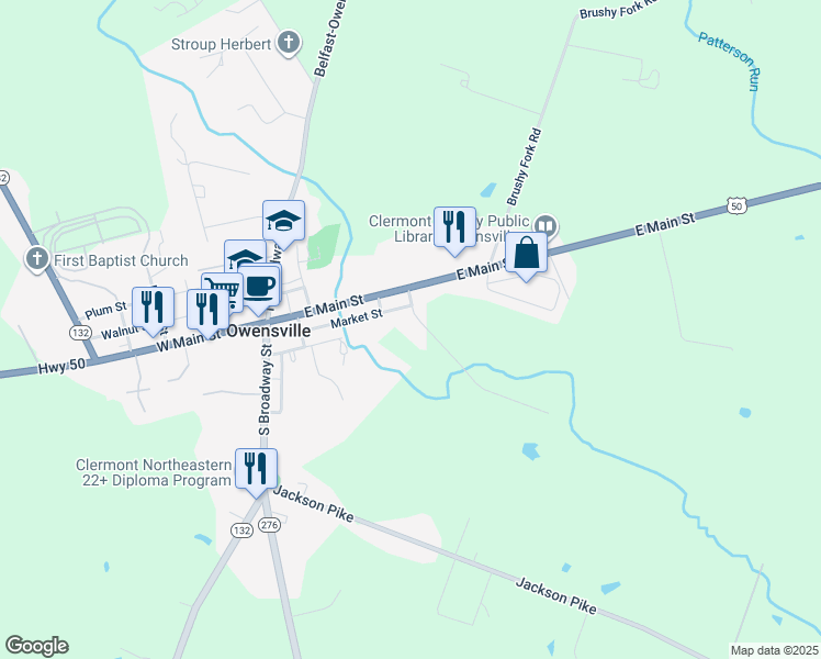 map of restaurants, bars, coffee shops, grocery stores, and more near 2475 Johnnytown Road in Batavia