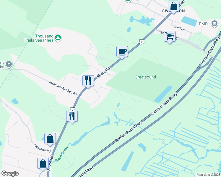 map of restaurants, bars, coffee shops, grocery stores, and more near 406 Saint Andrews Drive in Cape May County