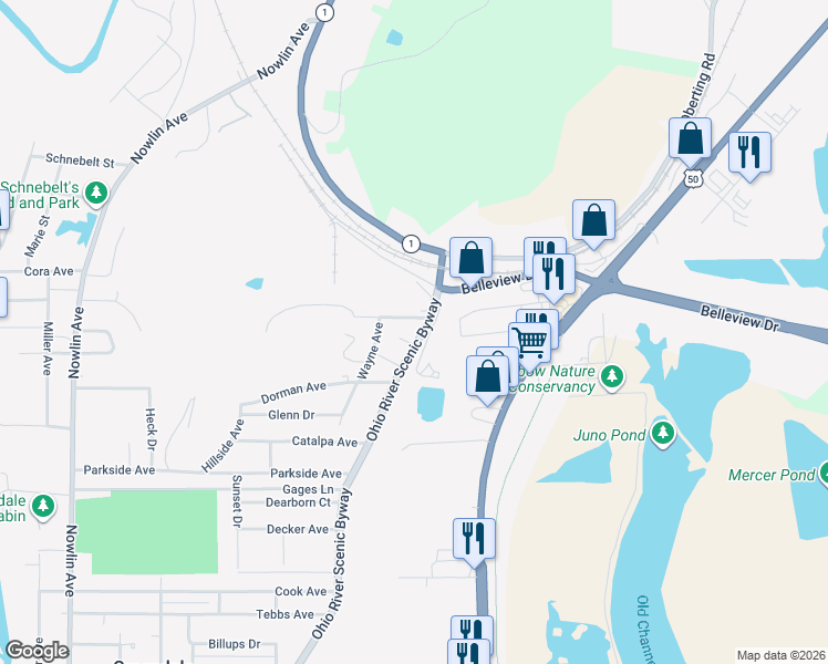 map of restaurants, bars, coffee shops, grocery stores, and more near 1189 Ohio River Scenic Byway in Greendale
