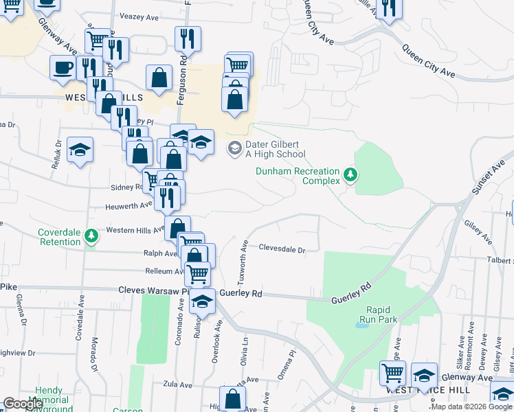 map of restaurants, bars, coffee shops, grocery stores, and more near 1743 Ashbrook Drive in Cincinnati