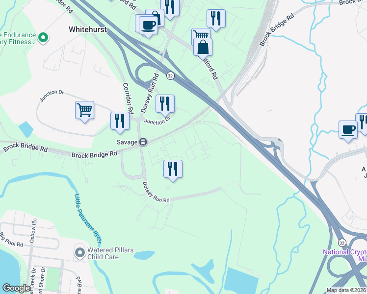 map of restaurants, bars, coffee shops, grocery stores, and more near 8210 Main Street in Laurel