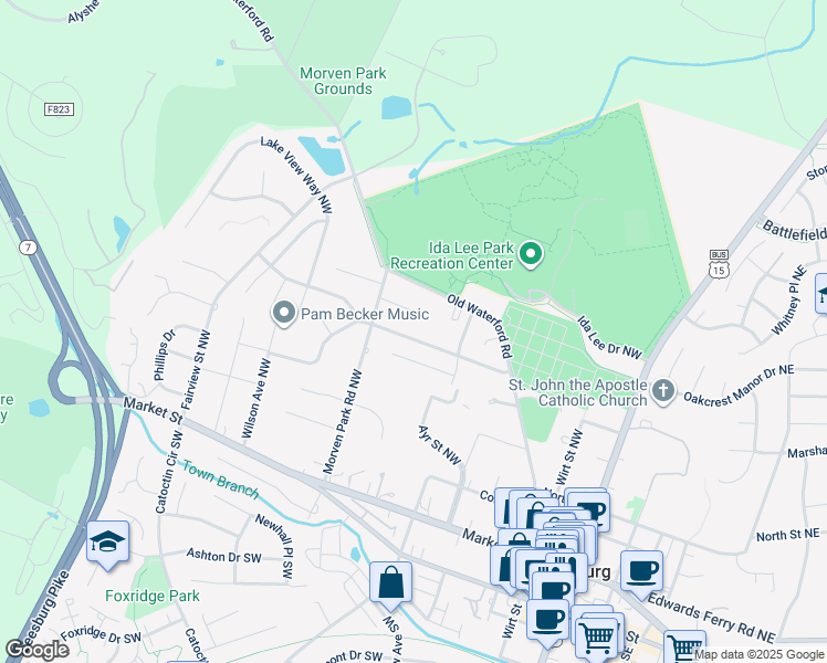 map of restaurants, bars, coffee shops, grocery stores, and more near 312 Ayrlee Avenue Northwest in Leesburg