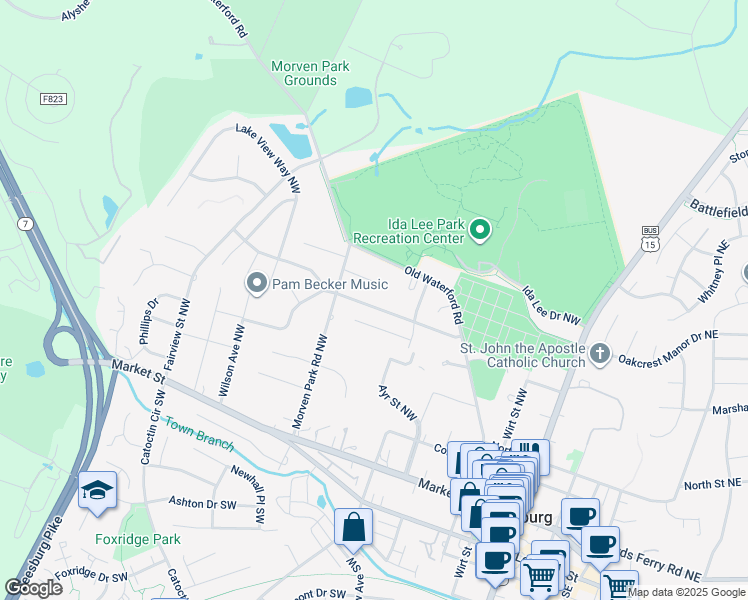 map of restaurants, bars, coffee shops, grocery stores, and more near 312 Ayrlee Avenue Northwest in Leesburg
