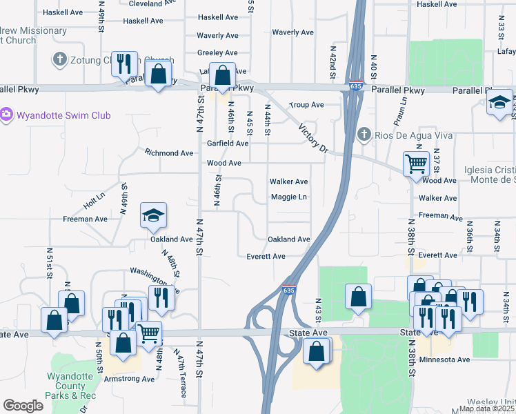 map of restaurants, bars, coffee shops, grocery stores, and more near 4407 Maggie Lane in Kansas City