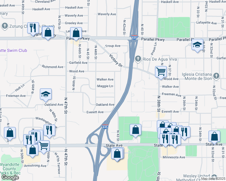 map of restaurants, bars, coffee shops, grocery stores, and more near 1700 North 43 Street in Kansas City