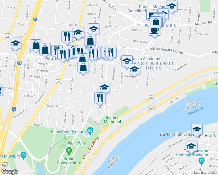map of restaurants, bars, coffee shops, grocery stores, and more near 1214 Cypress Street in Cincinnati