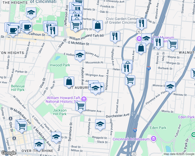map of restaurants, bars, coffee shops, grocery stores, and more near 266 Mcgregor Avenue in Cincinnati