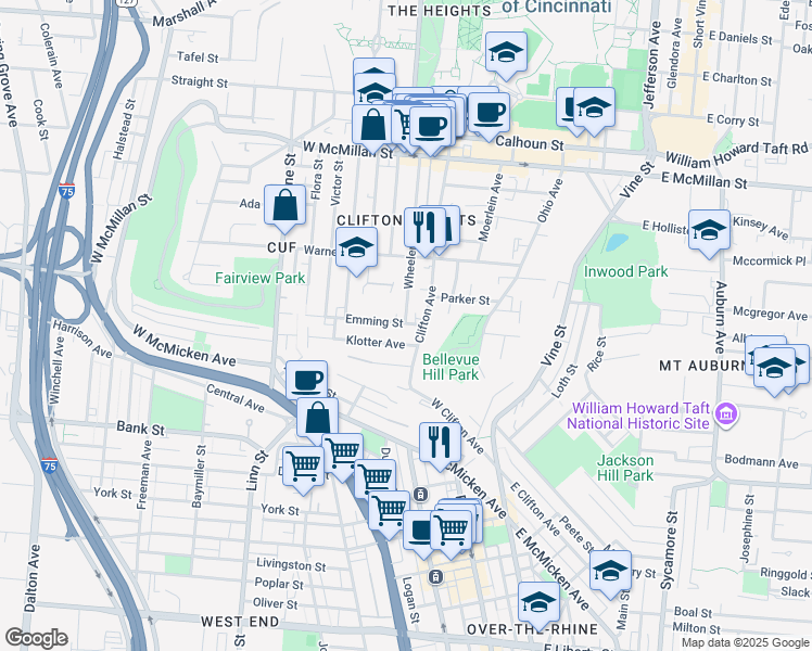 map of restaurants, bars, coffee shops, grocery stores, and more near in Cincinnati