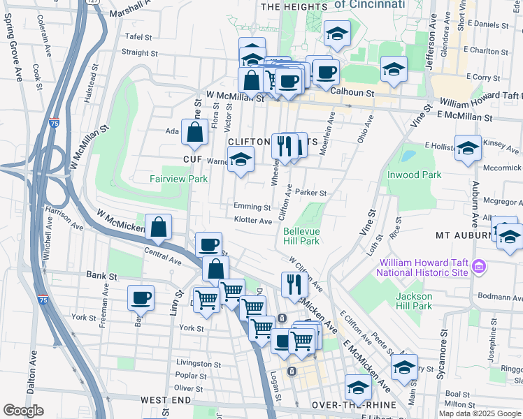 map of restaurants, bars, coffee shops, grocery stores, and more near 242 Emming Street in Cincinnati
