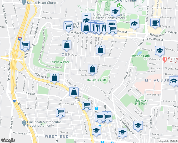 map of restaurants, bars, coffee shops, grocery stores, and more near 242 Emming Street in Cincinnati