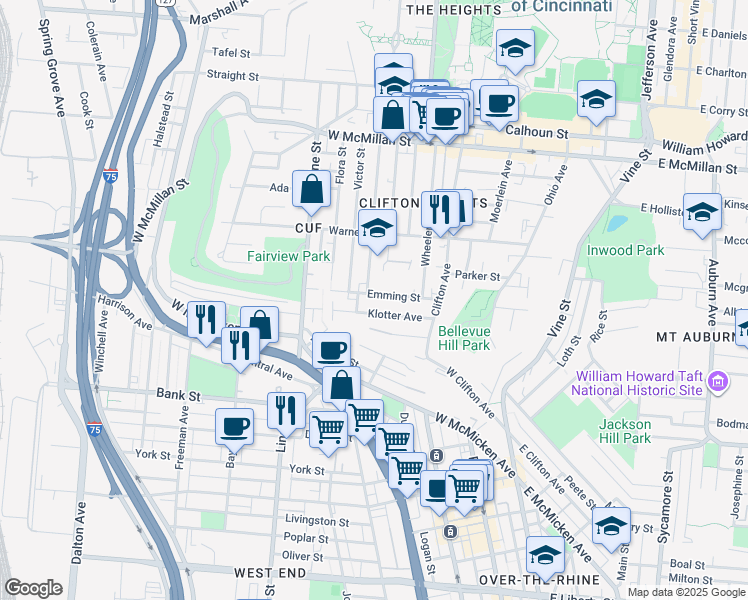 map of restaurants, bars, coffee shops, grocery stores, and more near 276 Emming Street in Cincinnati