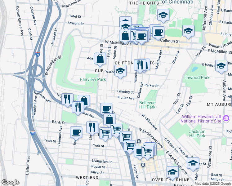 map of restaurants, bars, coffee shops, grocery stores, and more near 276 Emming Street in Cincinnati