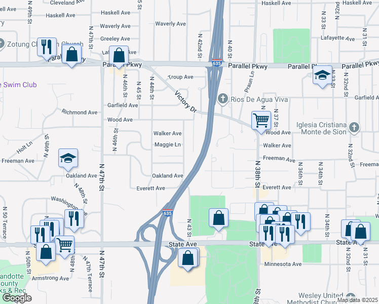 map of restaurants, bars, coffee shops, grocery stores, and more near 1713 North 42nd Street in Kansas City