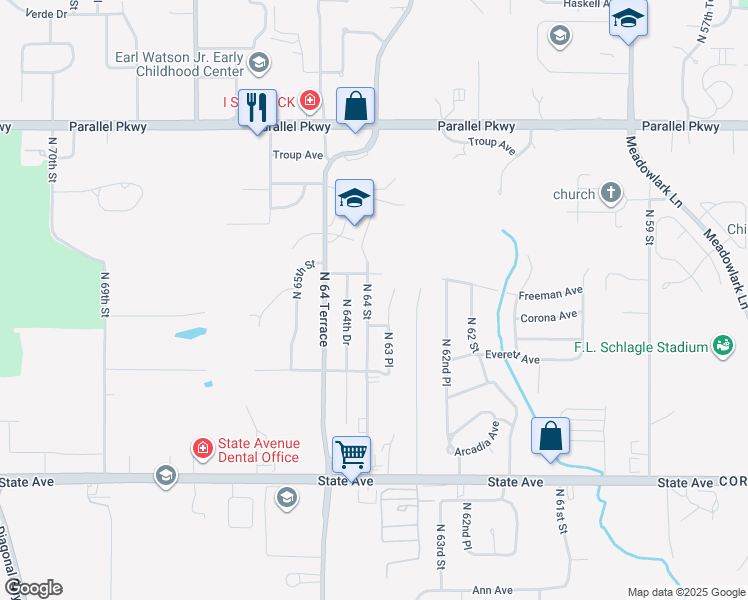 map of restaurants, bars, coffee shops, grocery stores, and more near 1603 North 64 Street in Kansas City