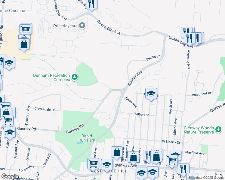 map of restaurants, bars, coffee shops, grocery stores, and more near 4427 Guerley Road in Cincinnati