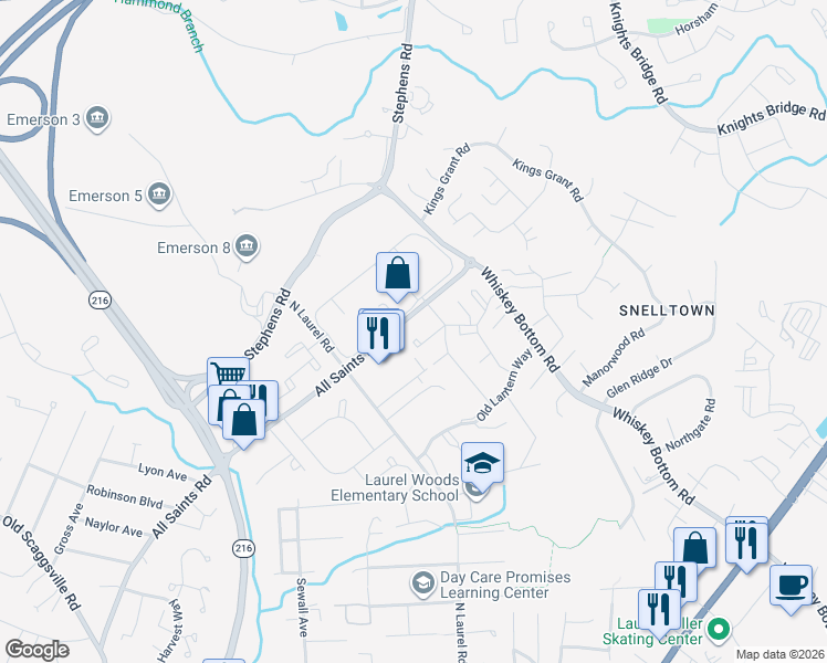 map of restaurants, bars, coffee shops, grocery stores, and more near 9120 All Saints Road in Laurel