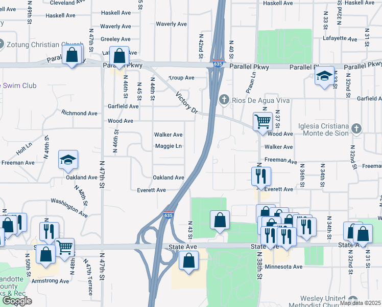 map of restaurants, bars, coffee shops, grocery stores, and more near 1713 North 42nd Street in Kansas City