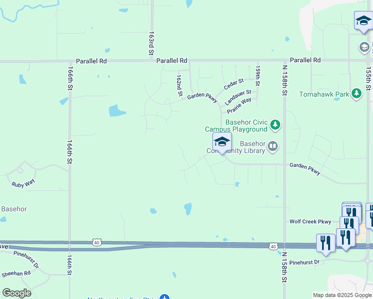 map of restaurants, bars, coffee shops, grocery stores, and more near Garden Parkway in Basehor