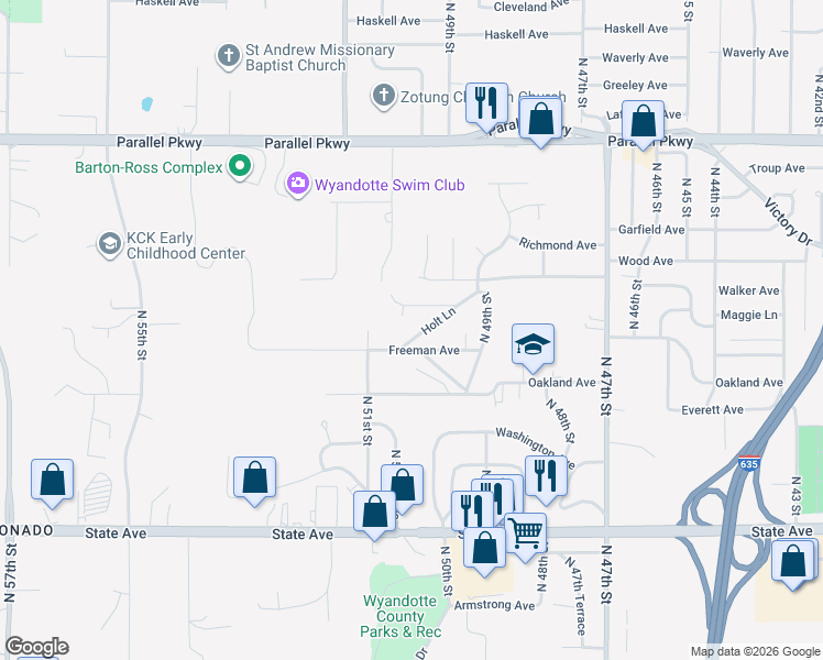map of restaurants, bars, coffee shops, grocery stores, and more near 1616 Holt Lane in Kansas City
